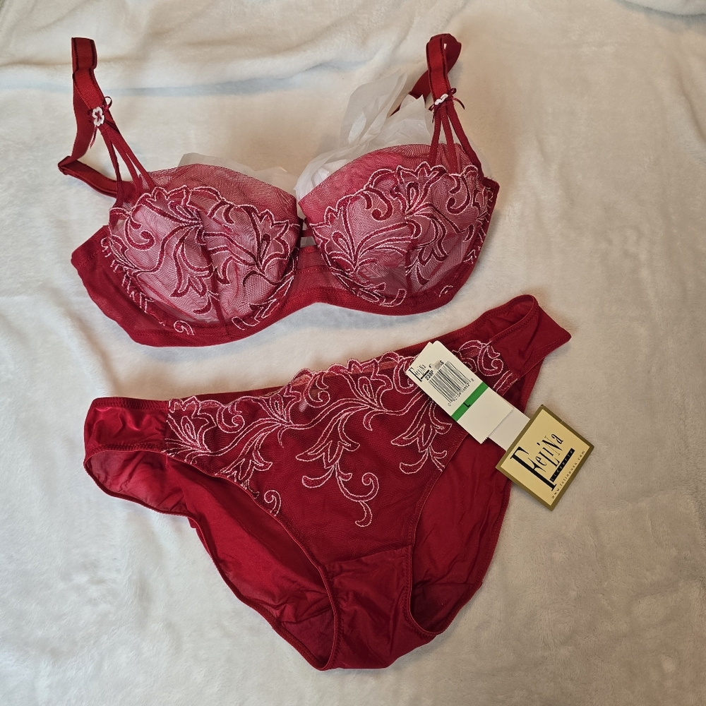 NWT Red & White Lace Felina Vintage Bra And Panty Set 36C/L